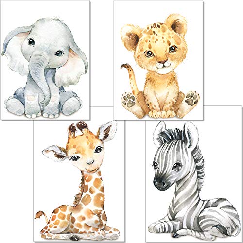 artpin® 4er Set Bilder Babyzimmer Deko Junge Mädchen - DIN A4 Poster Kinderzimmer Baby Dschungel Tiere - Safari Afrika Wandbilder - Elefant Tiger Giraffe Zebra P60