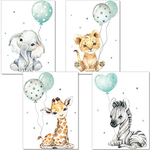 artpin® Poster Kinderzimmer Deko - Bilder Babyzimmer Mint Grau für Junge Mädchen - Safari Dschungel Tierposter Luftballon P63